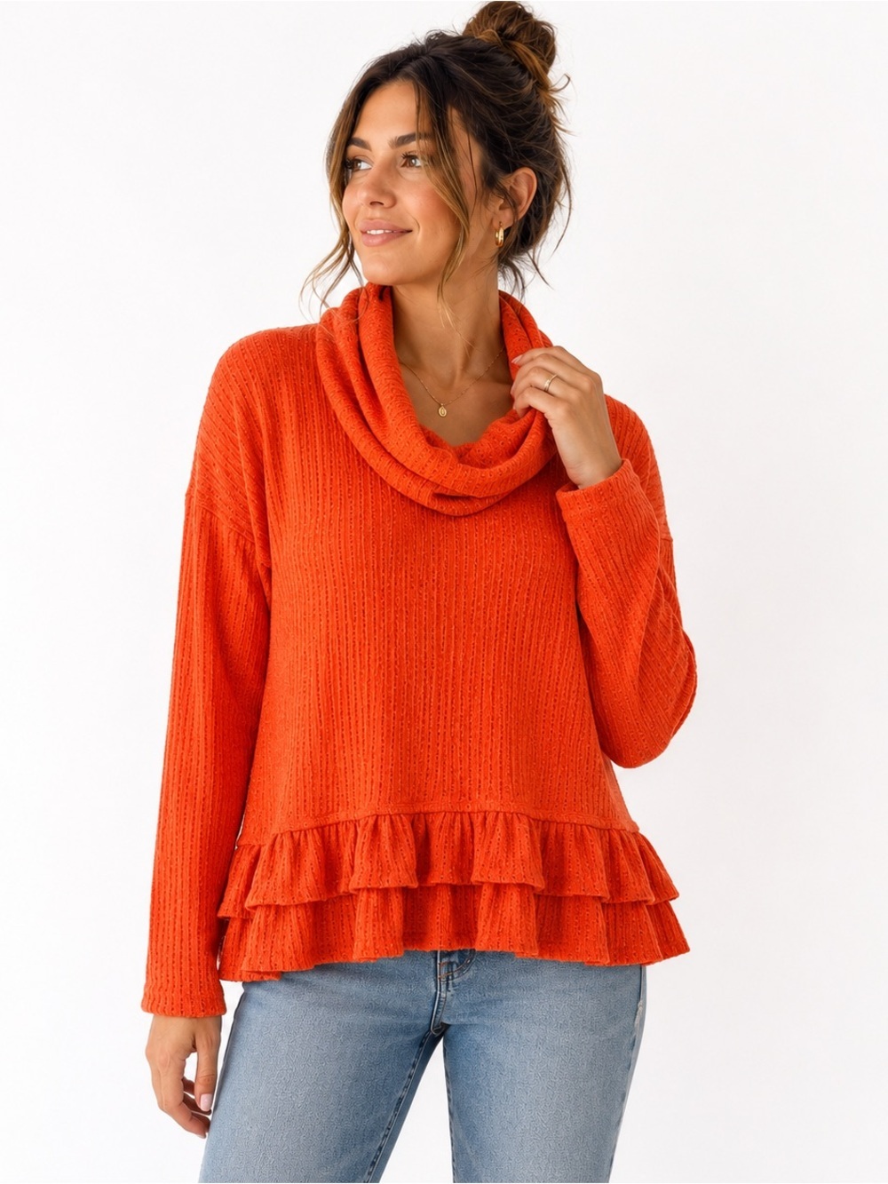 Maeve by Anthropologie Orange Ribbed Cowl Neck Ruffle Hem Sweater Top Size Small